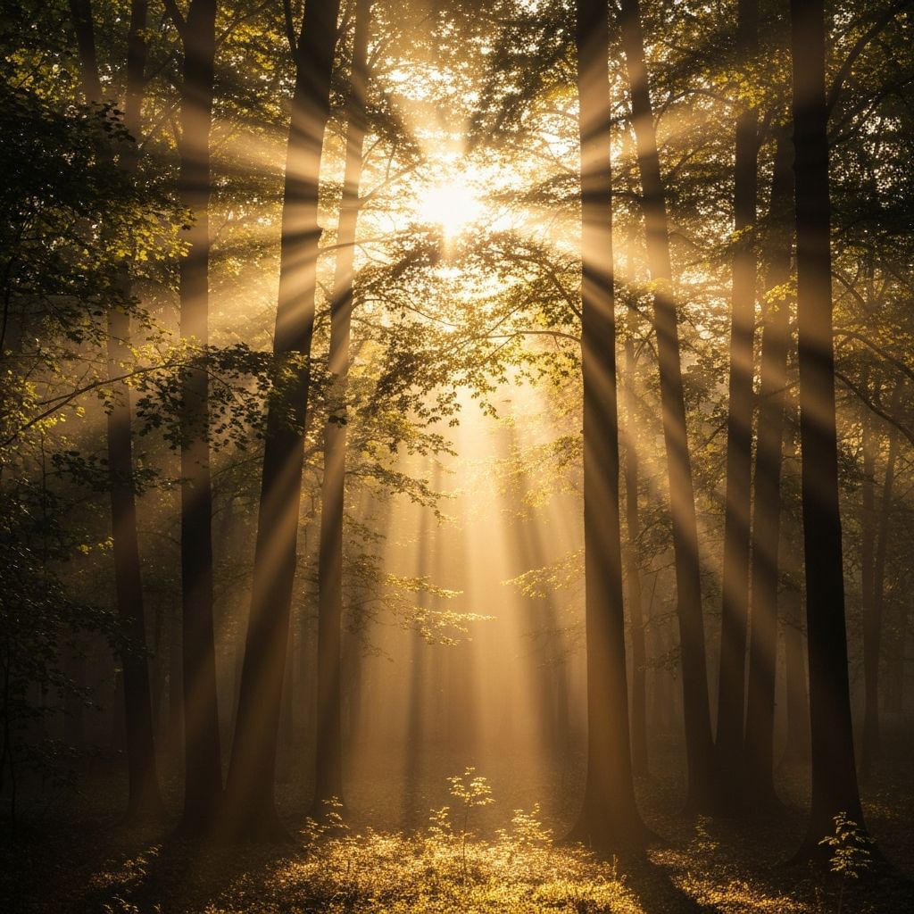 Forest with sunlight rays