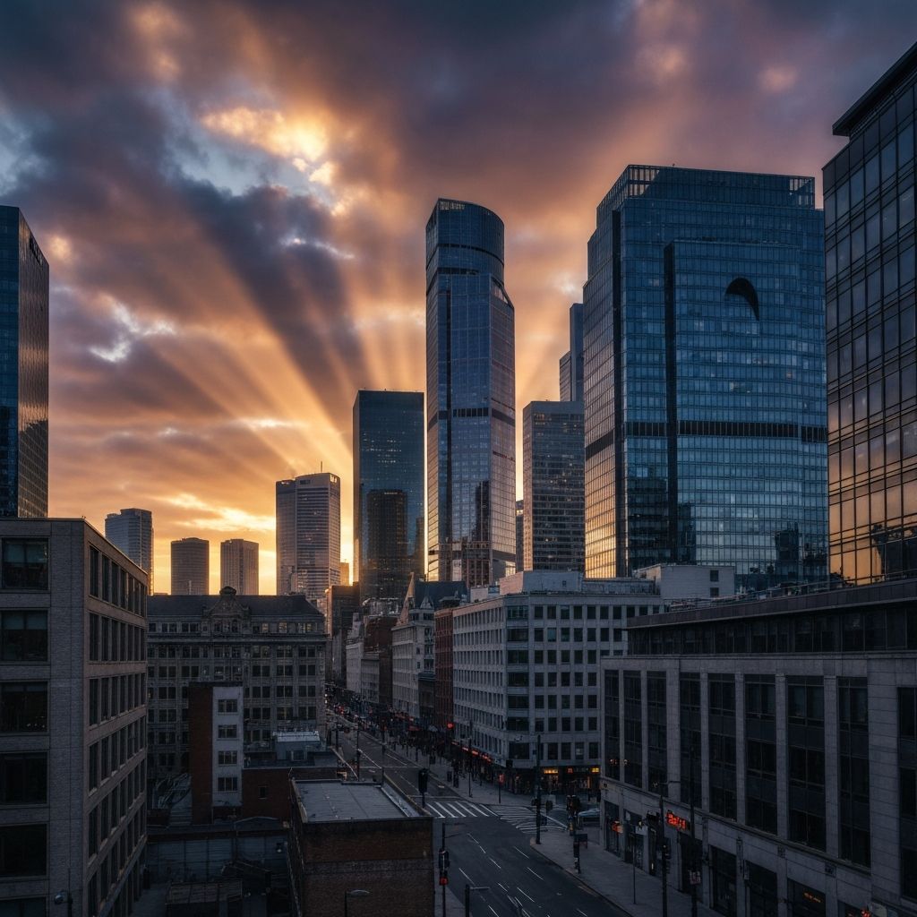 Dramatic cityscape with sunlight
